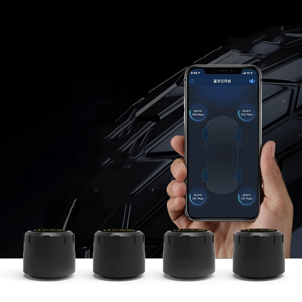 Bluetooth automotive tyre pressure monitor system with four external sensors, wrench, and anti-theft screws