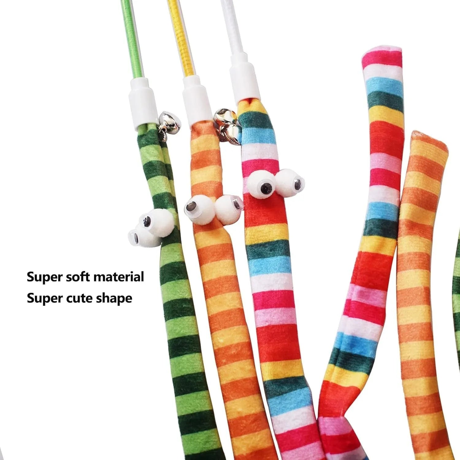 Cat wand toy with colourful plush strip attached to polycarbonate pole, shown in green colour option