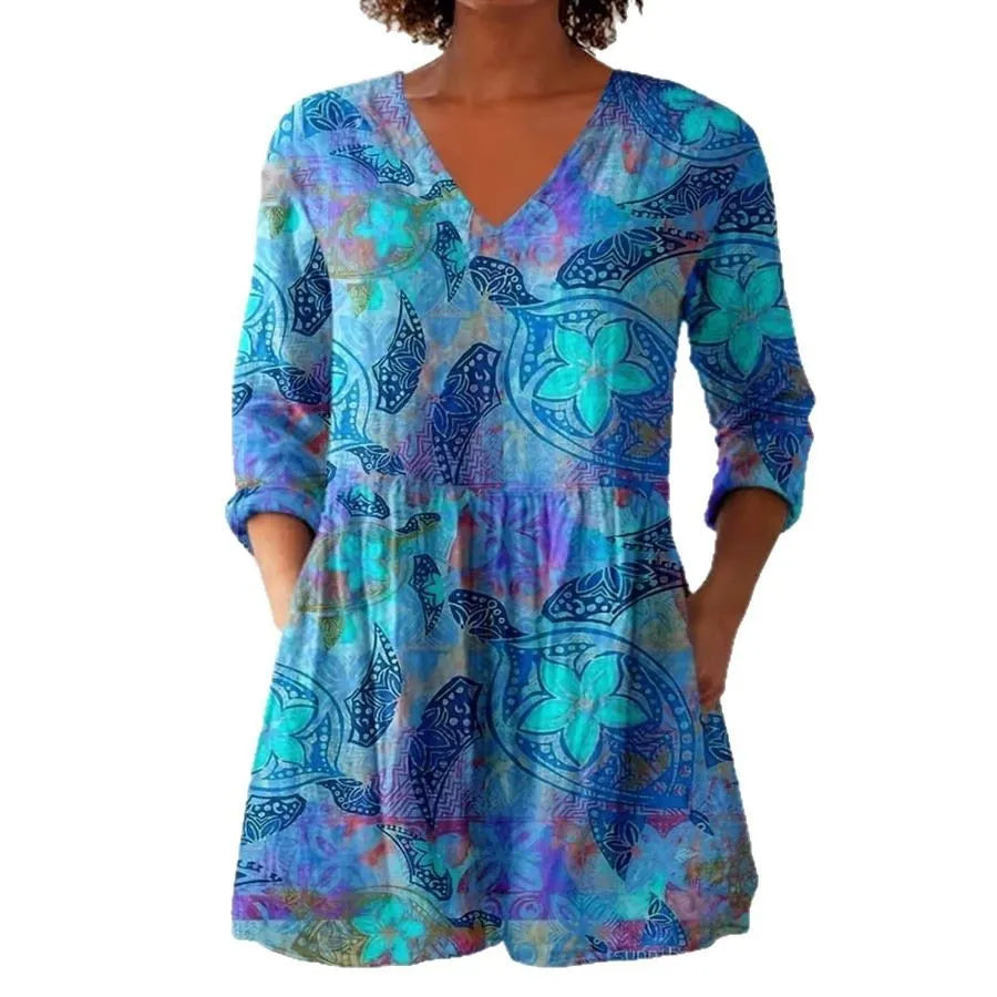 Women's long-sleeved polyester top in retro slim fit with digital print design.