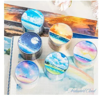Roll of Japanese paper decorative tape with sky theme designs including clouds and nebula patterns