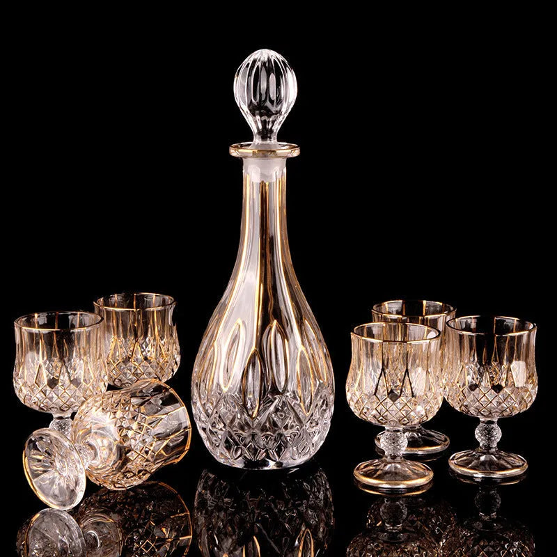 Yellow Chinese-style glass wine set with six pieces and golden accents for whiskey and red wine