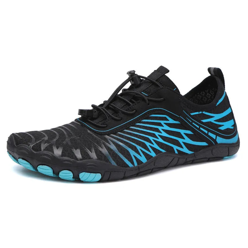 White and black lace-up outdoor sports shoes with a rubber sole on a plain background