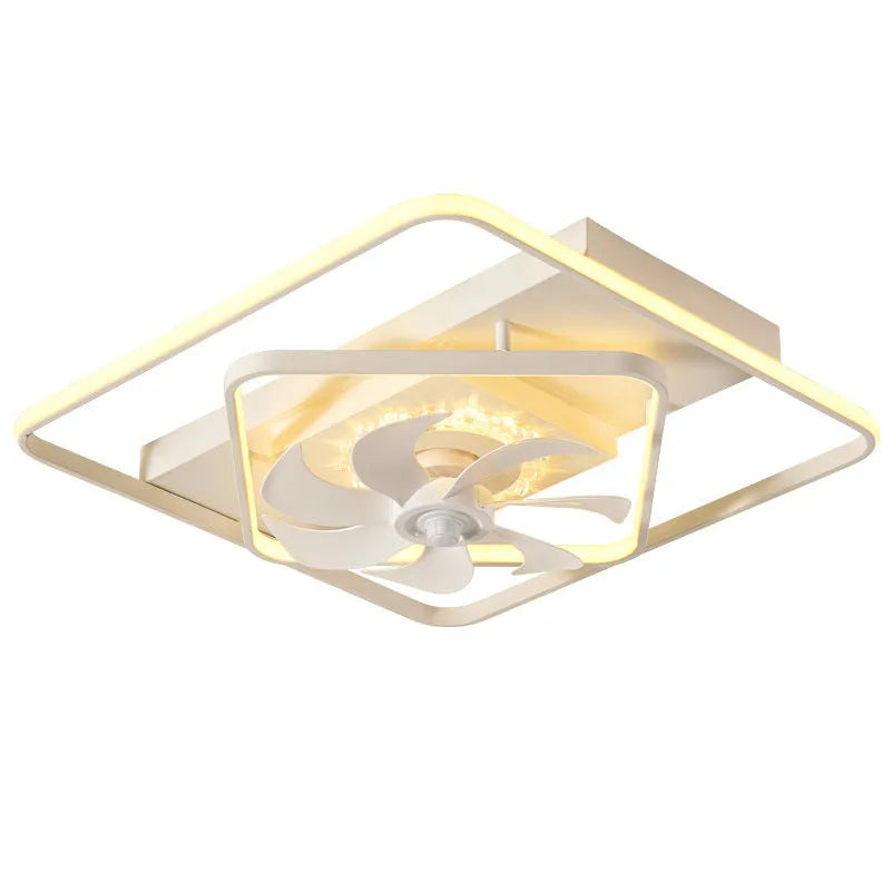 Ceiling fan lamp with light showing five plastic blades and acrylic lampshade in modern simple style