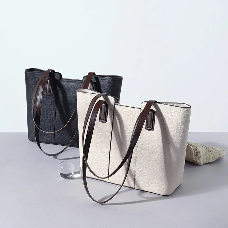 Genuine leather women's commuter shoulder bag with box-shaped design and urban simplicity styling