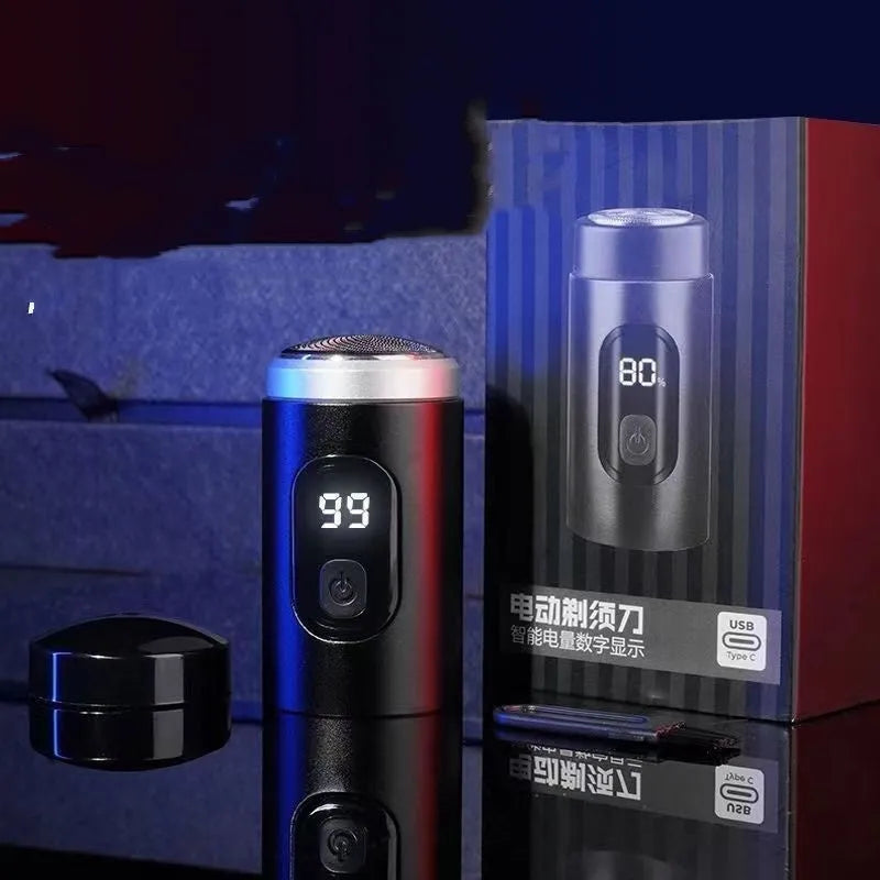 Black portable rechargeable shaver with USB charging cable and cleaning accessories