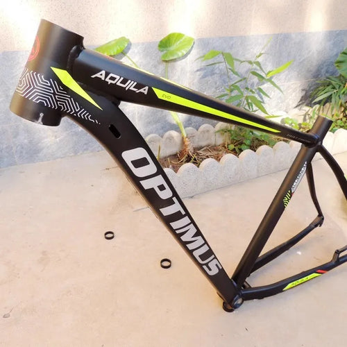 29-inch aluminum mountain bike frame in black green with internal cable routing