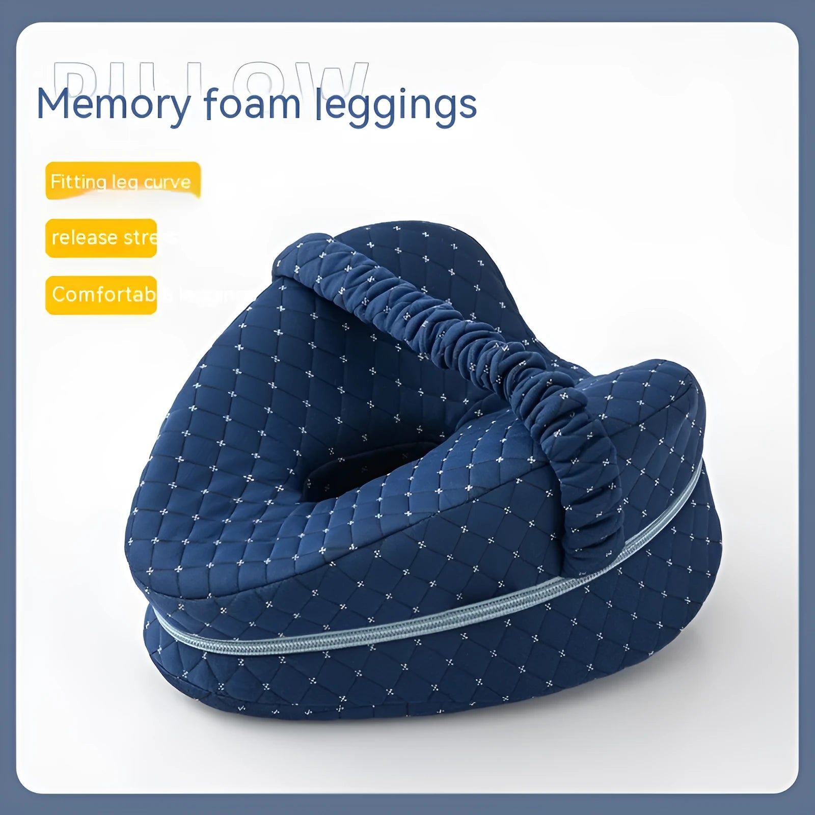 Love heart-shaped dark blue jacquard memory foam leg pillow for adults on a bed.