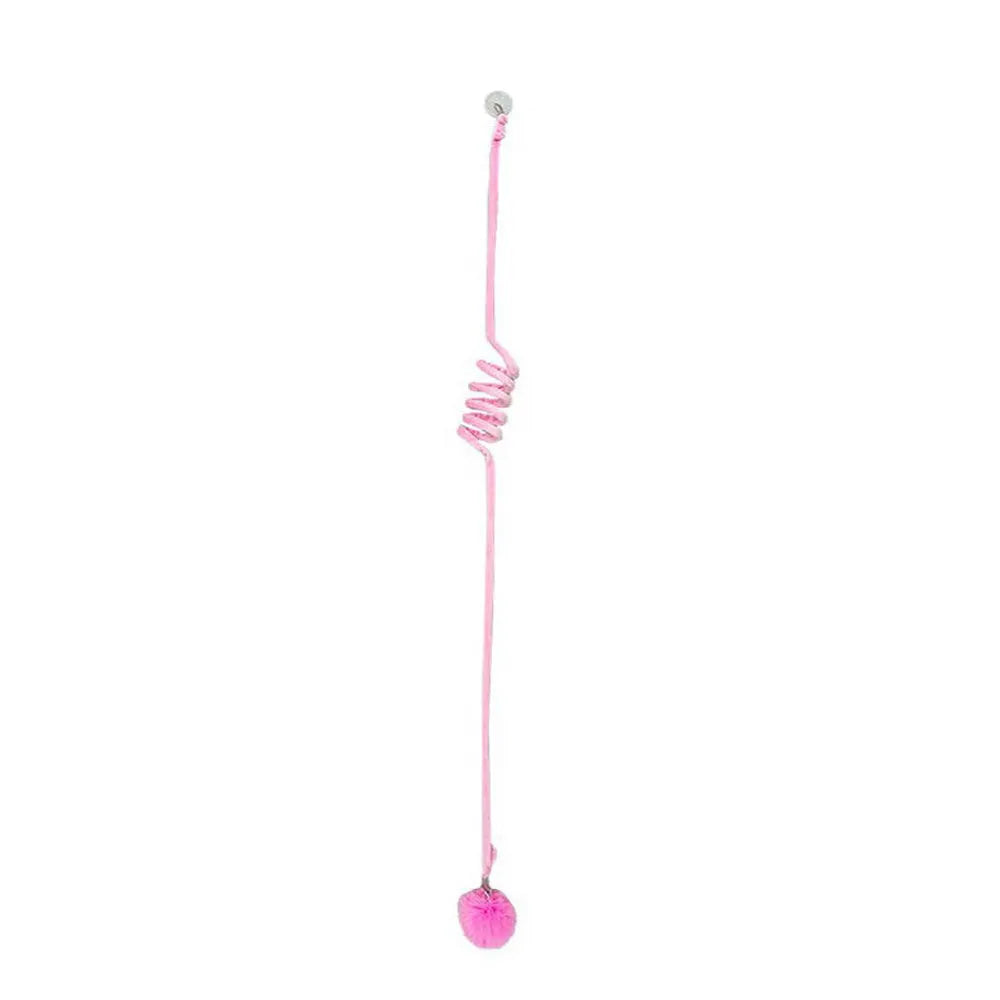 Spring cat toy with bell stick and inflatable ball hanging from door with suction cup