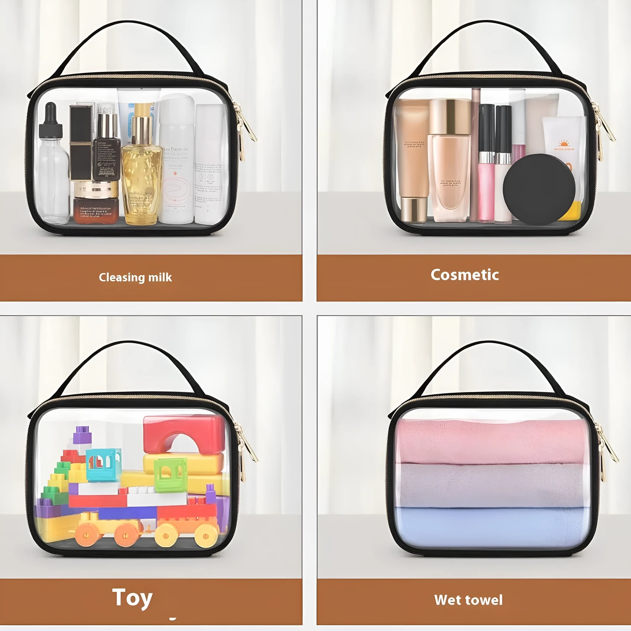 Transparent PVC wash bag with chain closure for lipstick storage in 7.85 inch size