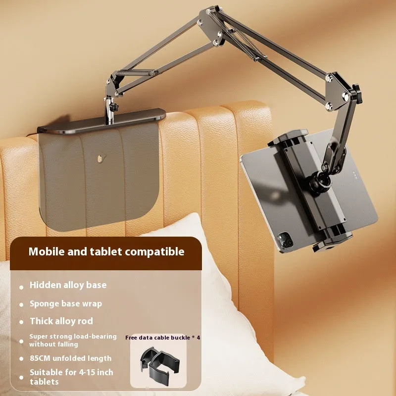 Universal alloy lazy bracket holding a mobile phone on a bedside table