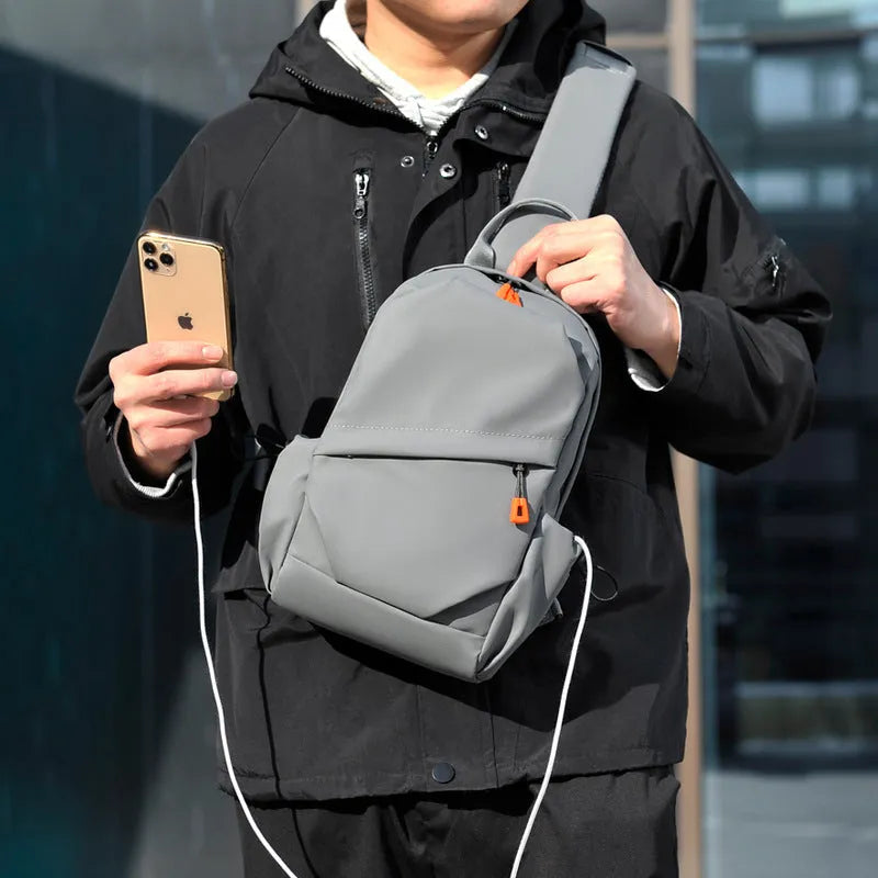 Mens casual single shoulder crossbody bag in waterproof polyester, black and grey colours
