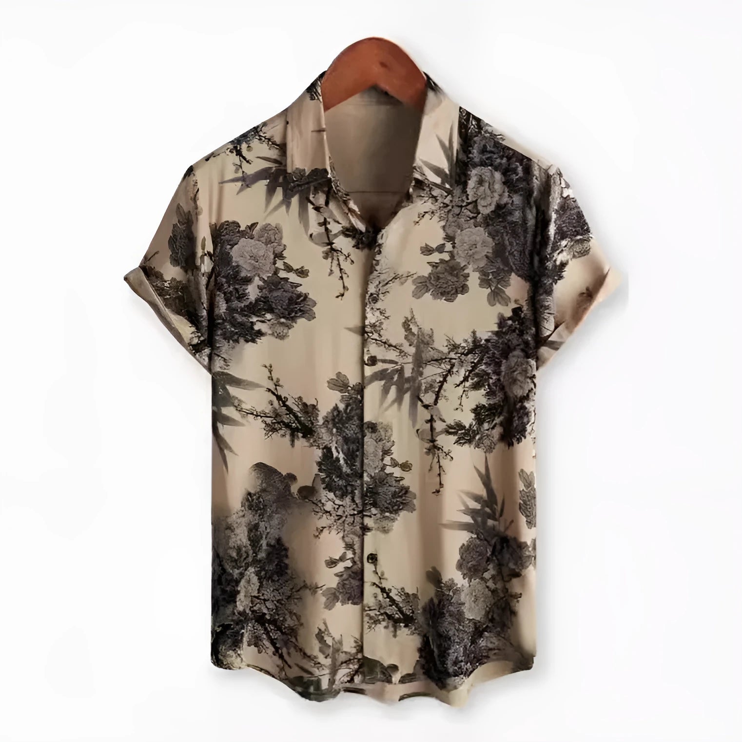 Man wearing a short sleeve Hawaiian print shirt with floral pattern and elastic fabric.