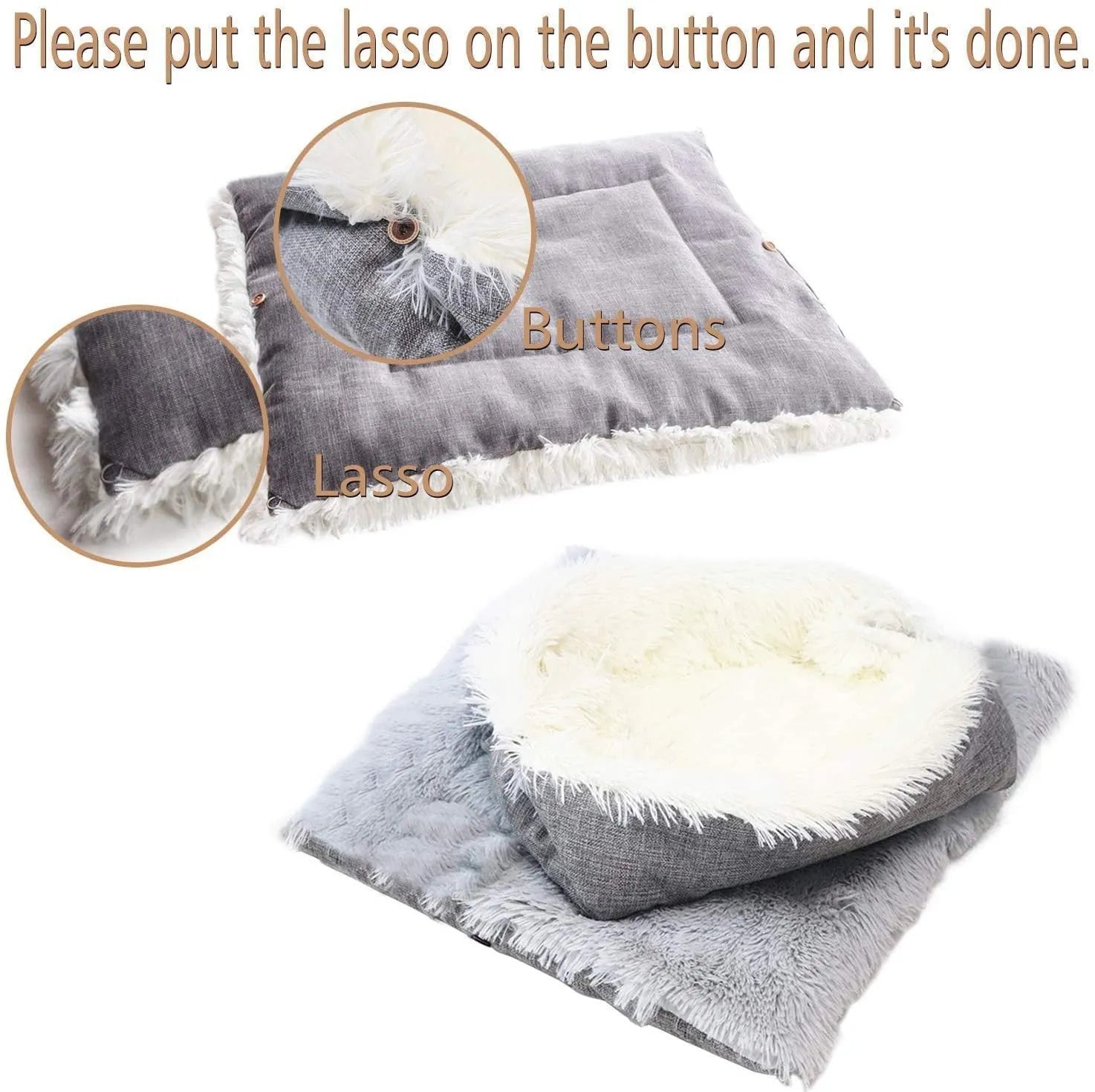 Grey pet warm pad with long plush hair and black non-slip bottom for cats and dogs