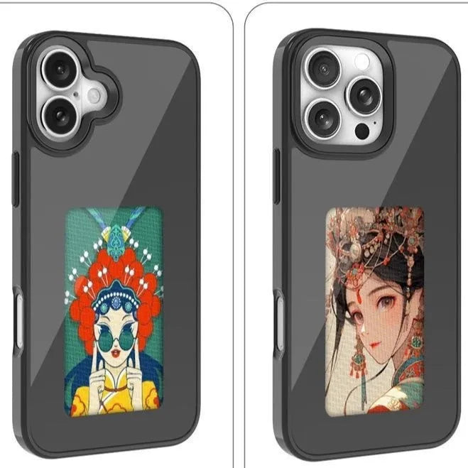 Black Smart NFC screen projection phone case with four-colour e-ink display and TPE relief texture for iPhone