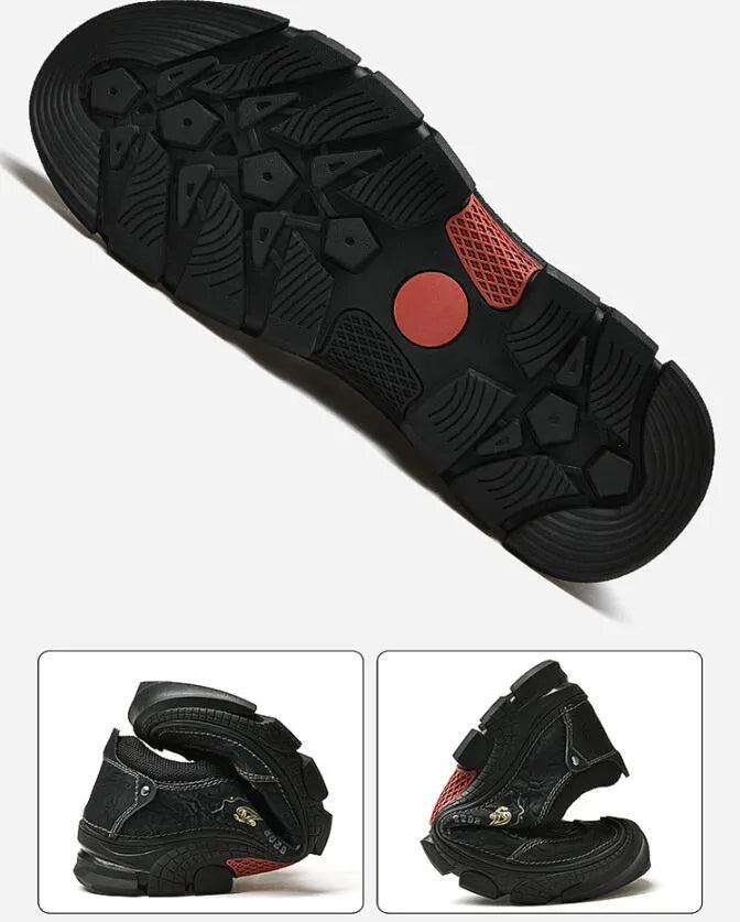 Non-slip hiking shoes with leather upper in dark brown, rubber sole, low heel for outdoor trails