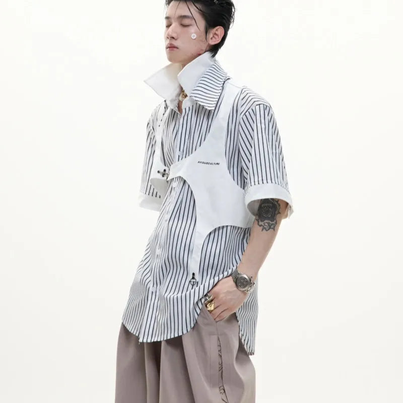 Men's black and white striped cotton shirt with double lapel collar design, short sleeves