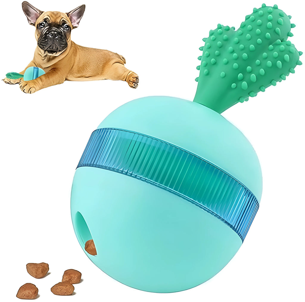 Blue or green rubber dog treat dispenser tumbler ball toy for medium large dogs