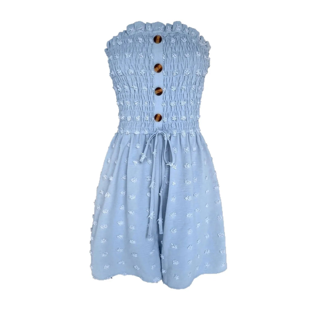 Women's solid colour off-shoulder jumpsuit in polyester fabric showing sleeveless design and mid waist fit