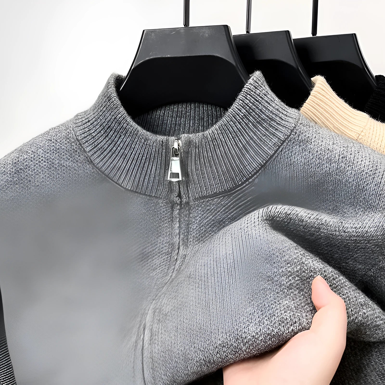 Men's loose-fit knitted cardigan with stand collar and front zipper in black, grey or beige