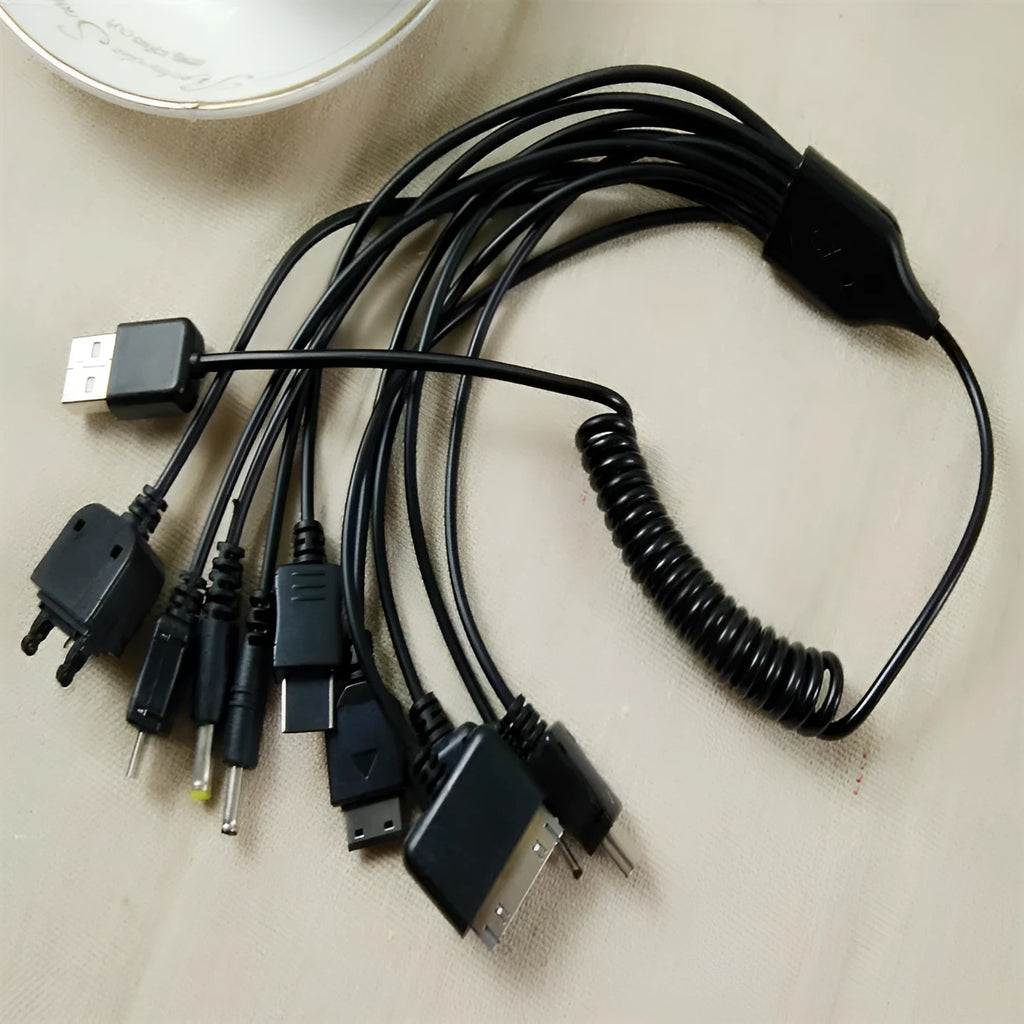 White PVC multi-function charging cable with spring drag design and multiple connectors