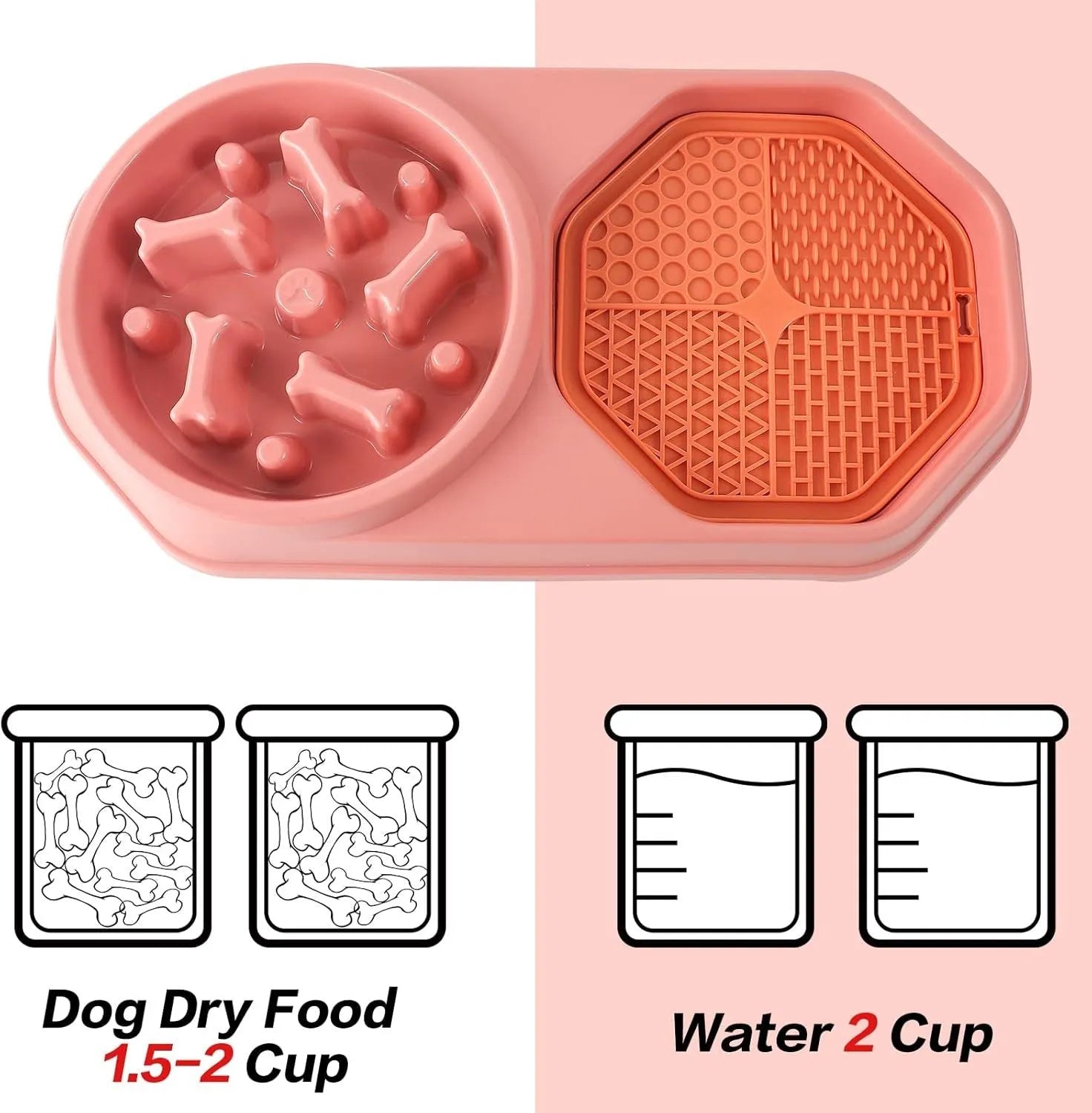 Blue slow feeder dog bowl with raised puzzle maze pattern and non-slip pads, shown from above.
