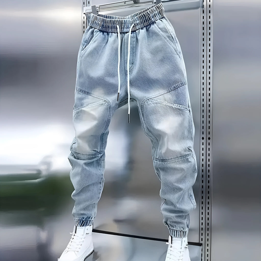 Men's light blue cotton denim skinny jeans with drawstring waist and elastic ankle bands