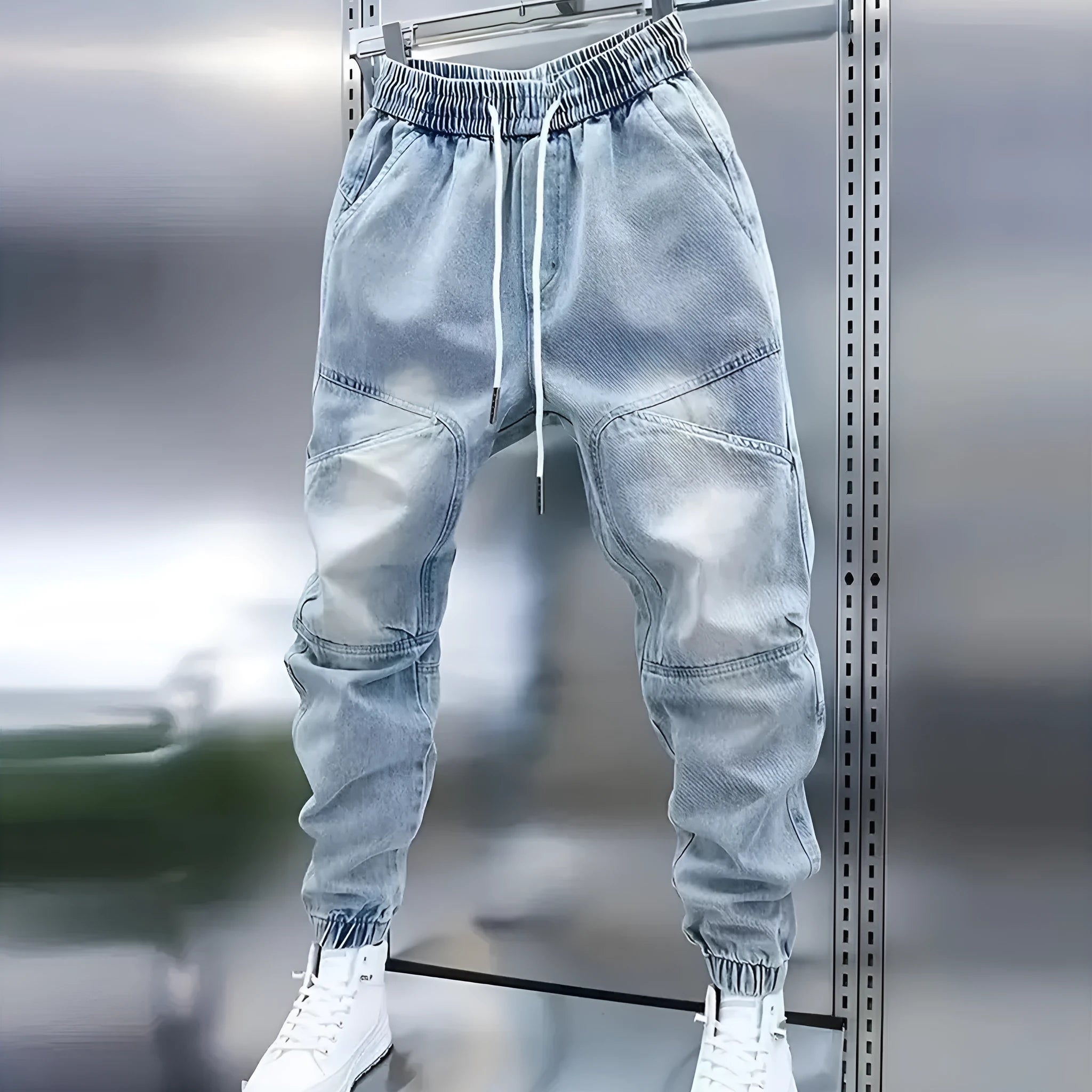 Men's light blue cotton denim skinny jeans with drawstring waist and elastic ankle bands