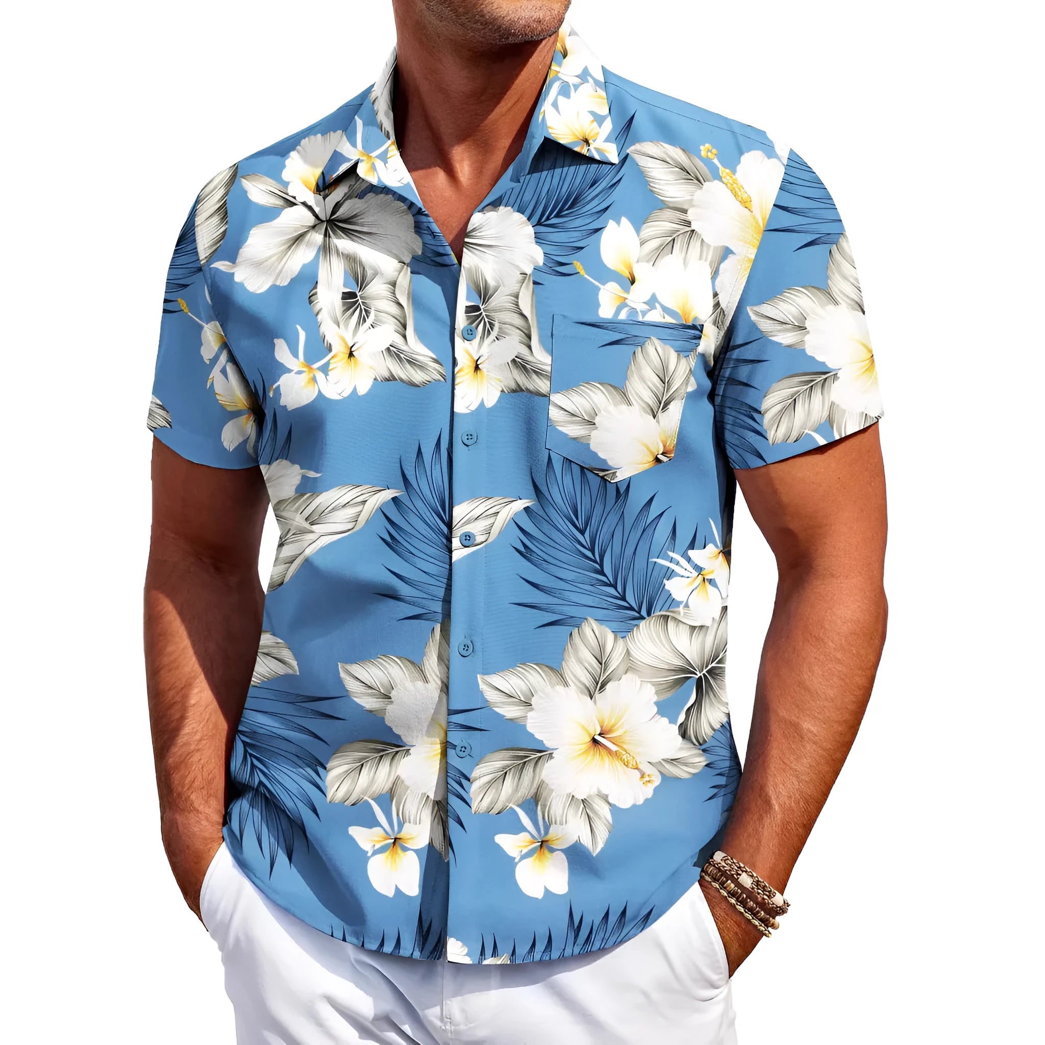 Man wearing a slim fit short sleeve Hawaiian shirt in a solid colour