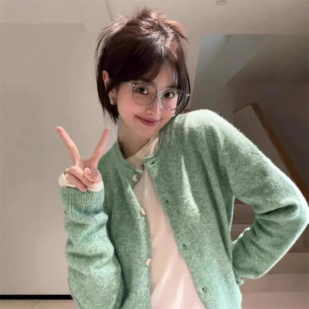Loose fit long sleeve knitted cardigan for women in picture colour, polyester fabric with splicing design