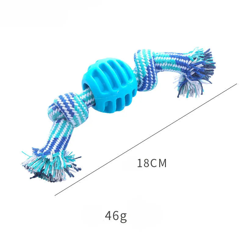 Blue dog chew toy with rope elements for dental cleaning and oral health protection