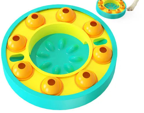 Interactive dog puzzle slow feeder toy with spinning turntable and non-slip base in lake blue colour