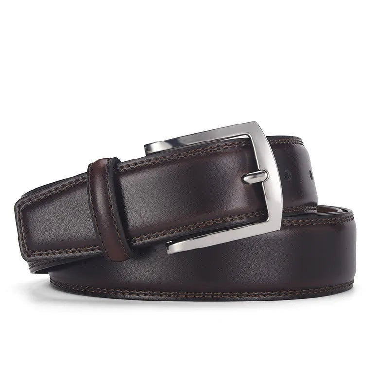 Men's leather belt with pin buckle in genuine cowhide leather showing colour variations