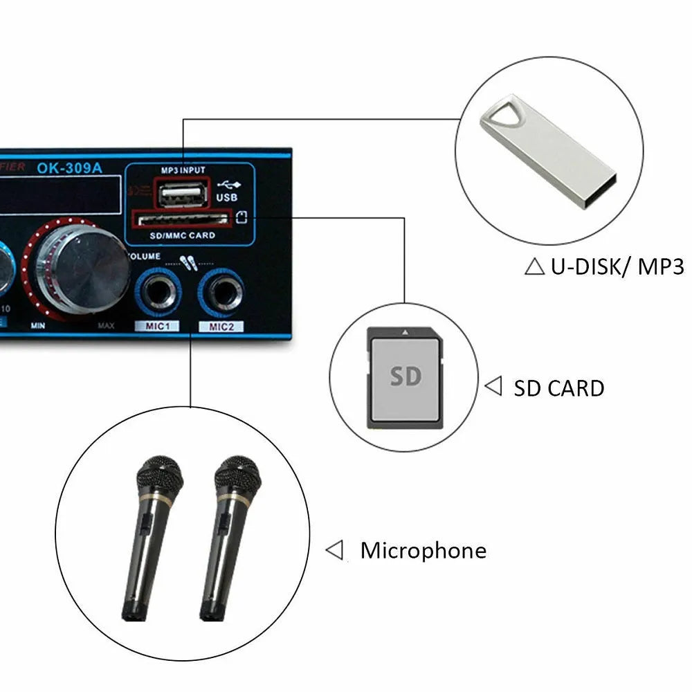 Black recording Bluetooth power amplifier with 50W+50W output for home and car audio systems