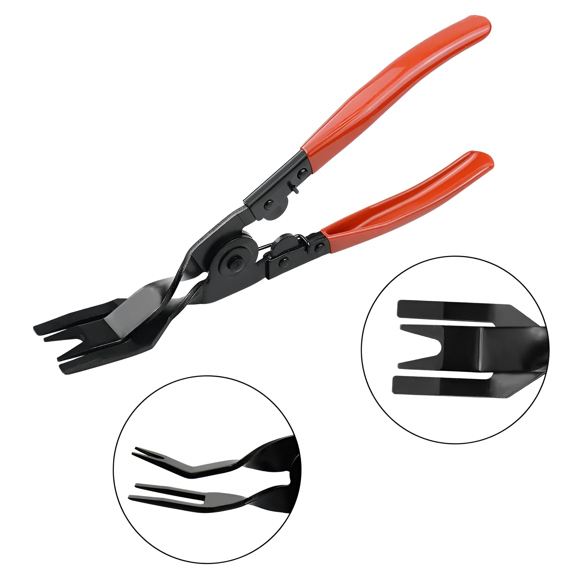 Red handle automotive door panel clip removal pliers for General Motors vehicles with light switch functionality