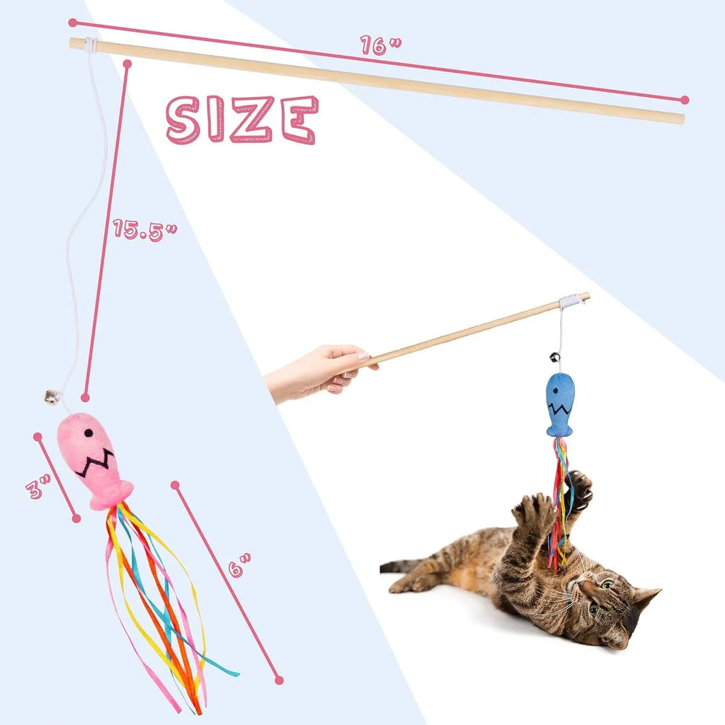 Colourful cat wand toy with ribbons, catnip fish, and bell on wooden handle