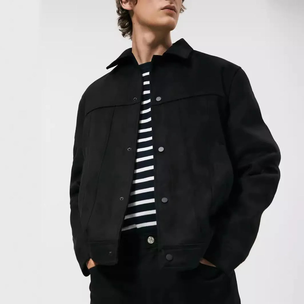 Black men's hooded jacket with suede collar and side seam pockets