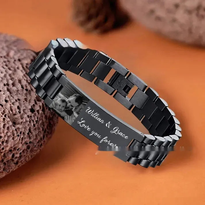Titanium steel bracelet with curved heart design and personalised lettering in black or grey options