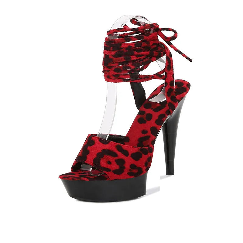 Leopard print stiletto heel high heels with fish mouth toe, cross belt and ankle strap in brown, 13cm heel height