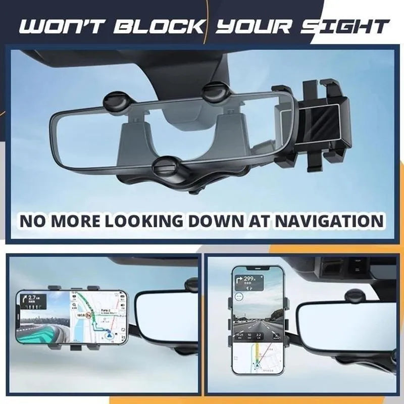 Black rearview mirror car phone holder with retractable arm and 360-degree rotating phone clip.