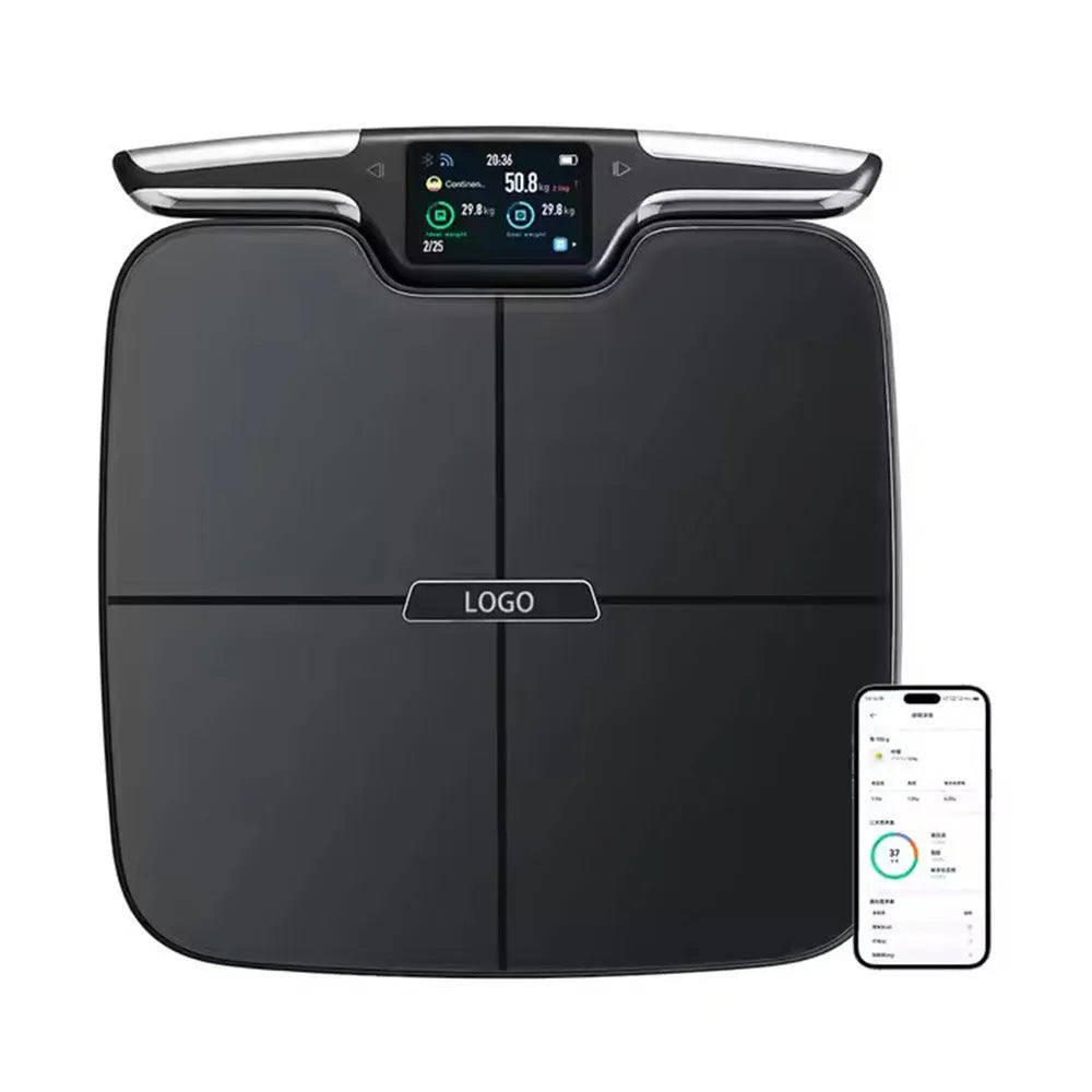 Black eight-electrode body fat smart scale showing digital display on 45cm platform