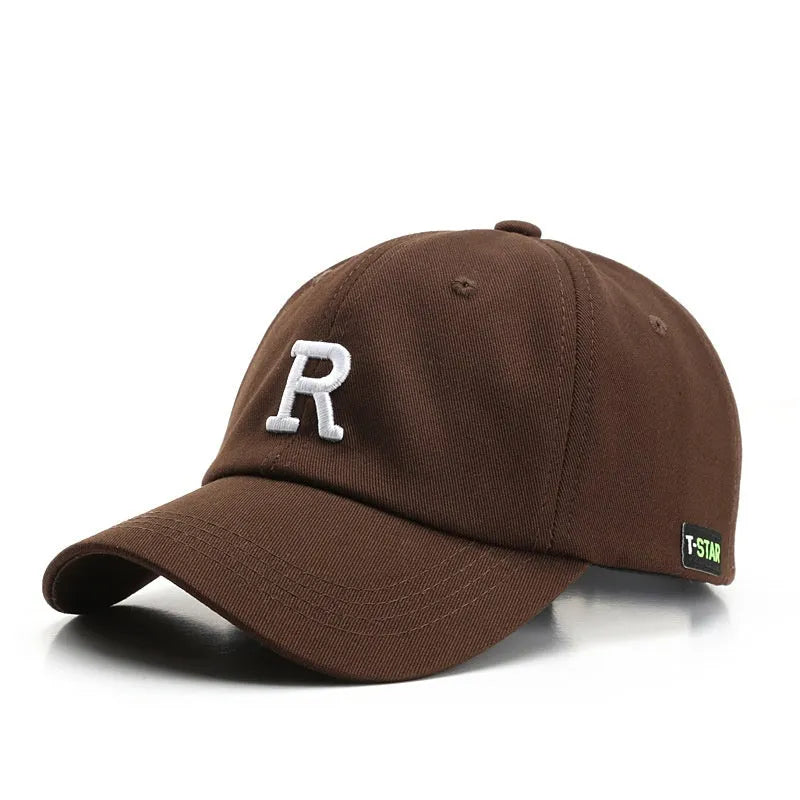 Adjustable unisex baseball cap with embroidered letter R in black cotton satin weave with brim