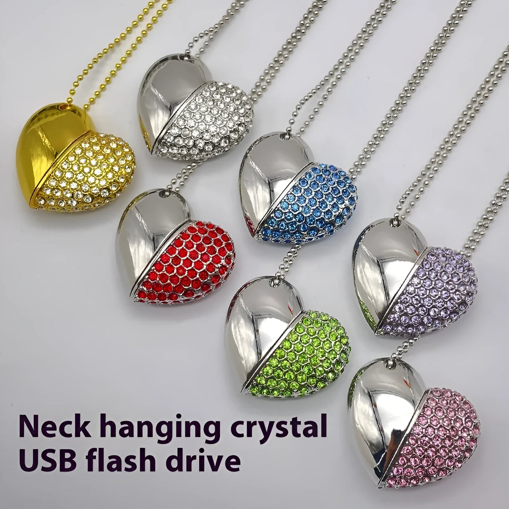 Heart-shaped brick pattern metal USB flash drive shown in multiple colour options.