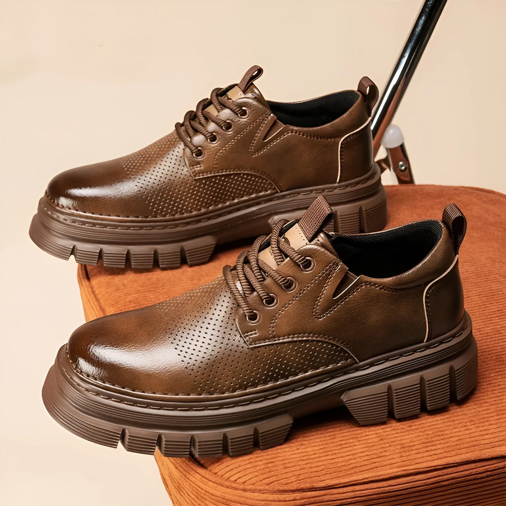 Leather lace-up work casual shoes in black and brown with low heel and rubber sole