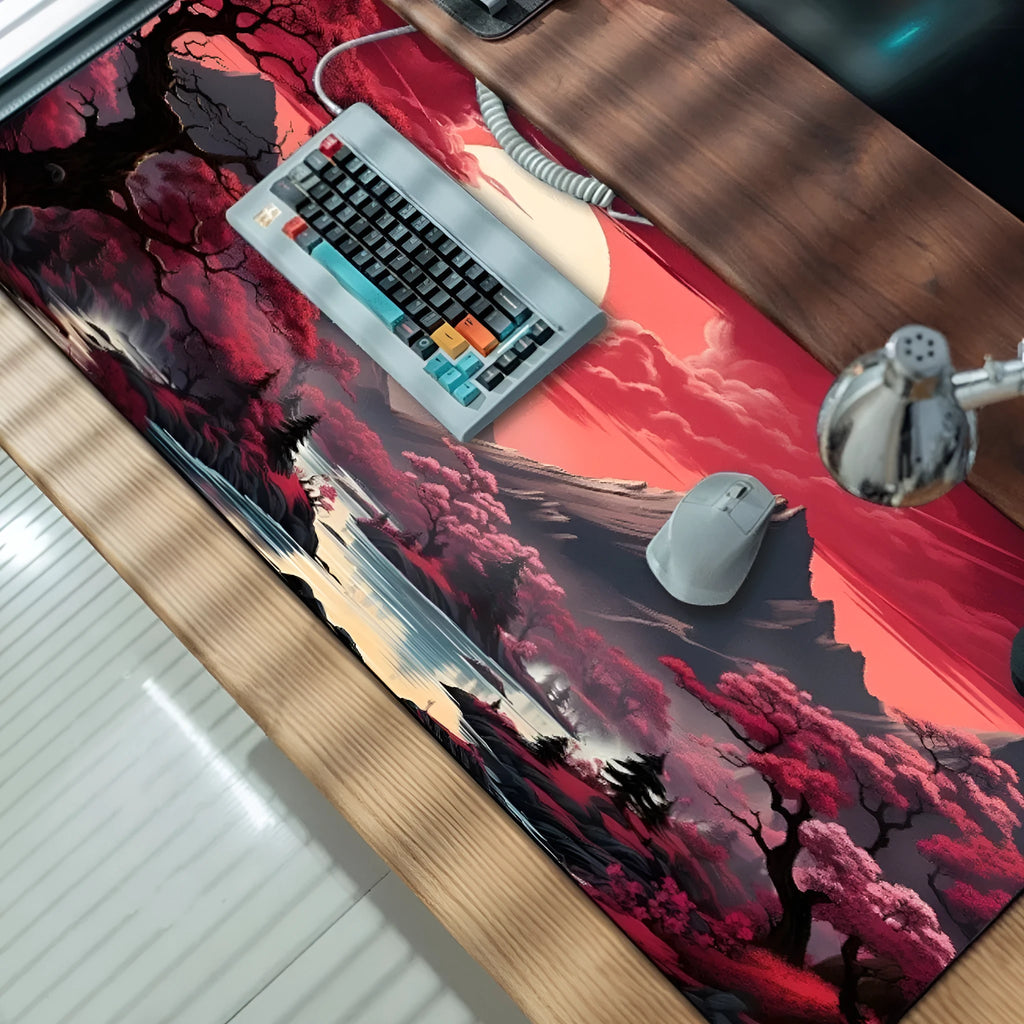 Large black gaming mouse pad with an anime character print, lying flat on a wooden desk.