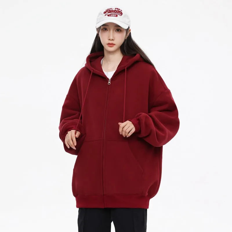 Men's solid colour hooded cardigan sweatshirt in loose fit polyester, front view