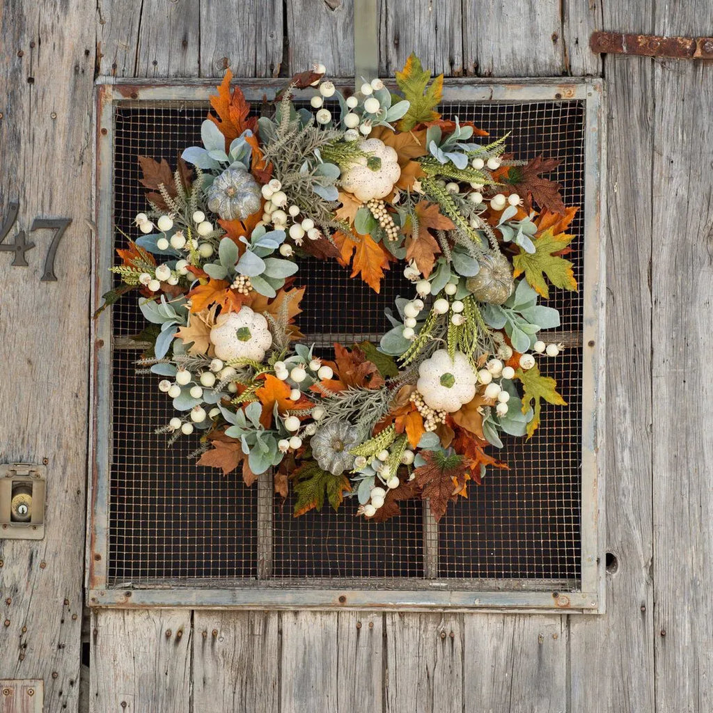 Autumn pumpkin wreath on door with simulation frost leaves and rattan ring, 45x45cm size