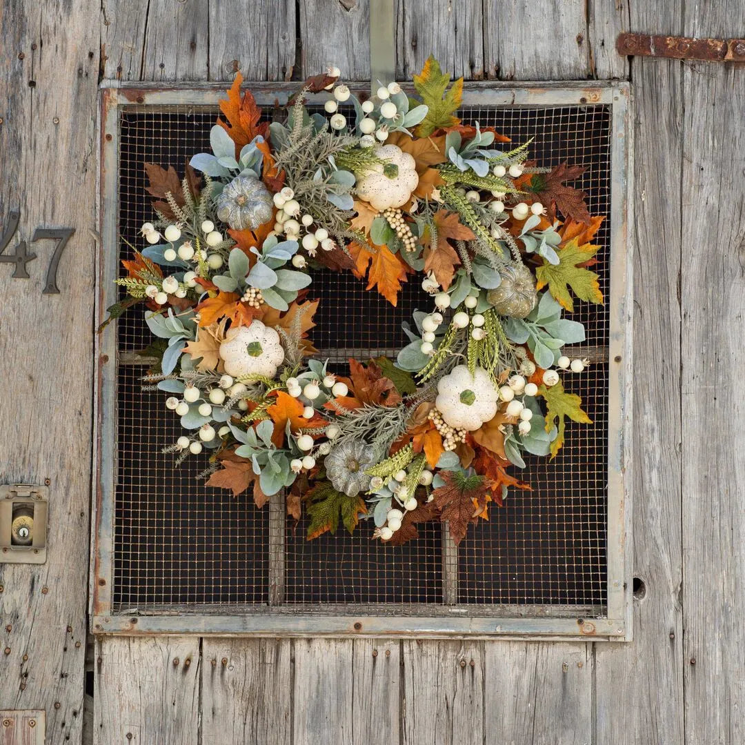 Autumn pumpkin wreath on door with simulation frost leaves and rattan ring, 45x45cm size