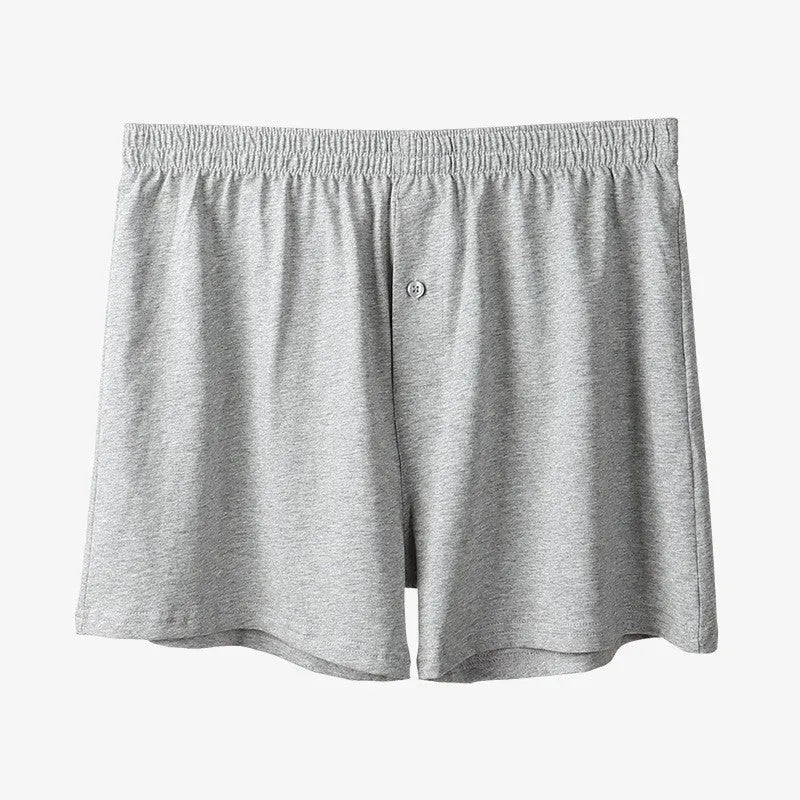 Men's pure cotton boxer underwear in light grey colour showing high waist and loose shorts design