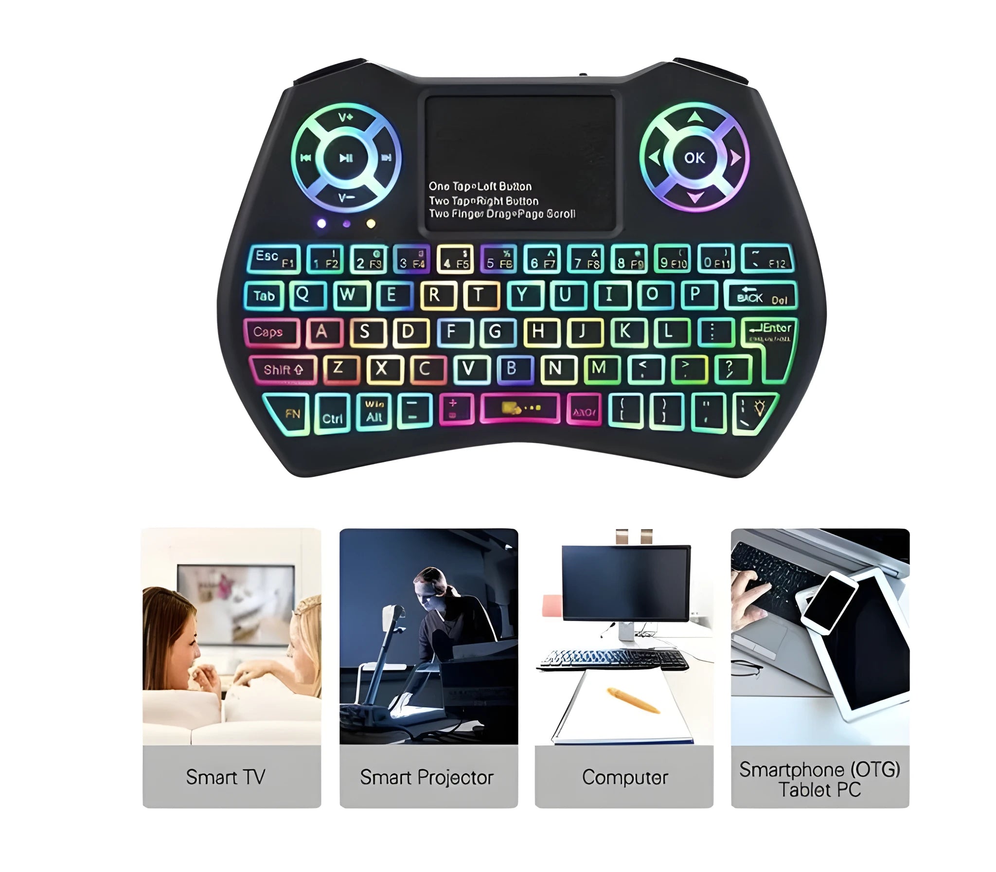Mini wireless keyboard with flying mouse, touchpad, and RGB LED backlit in black, featuring Qwerty layout and USB receiver