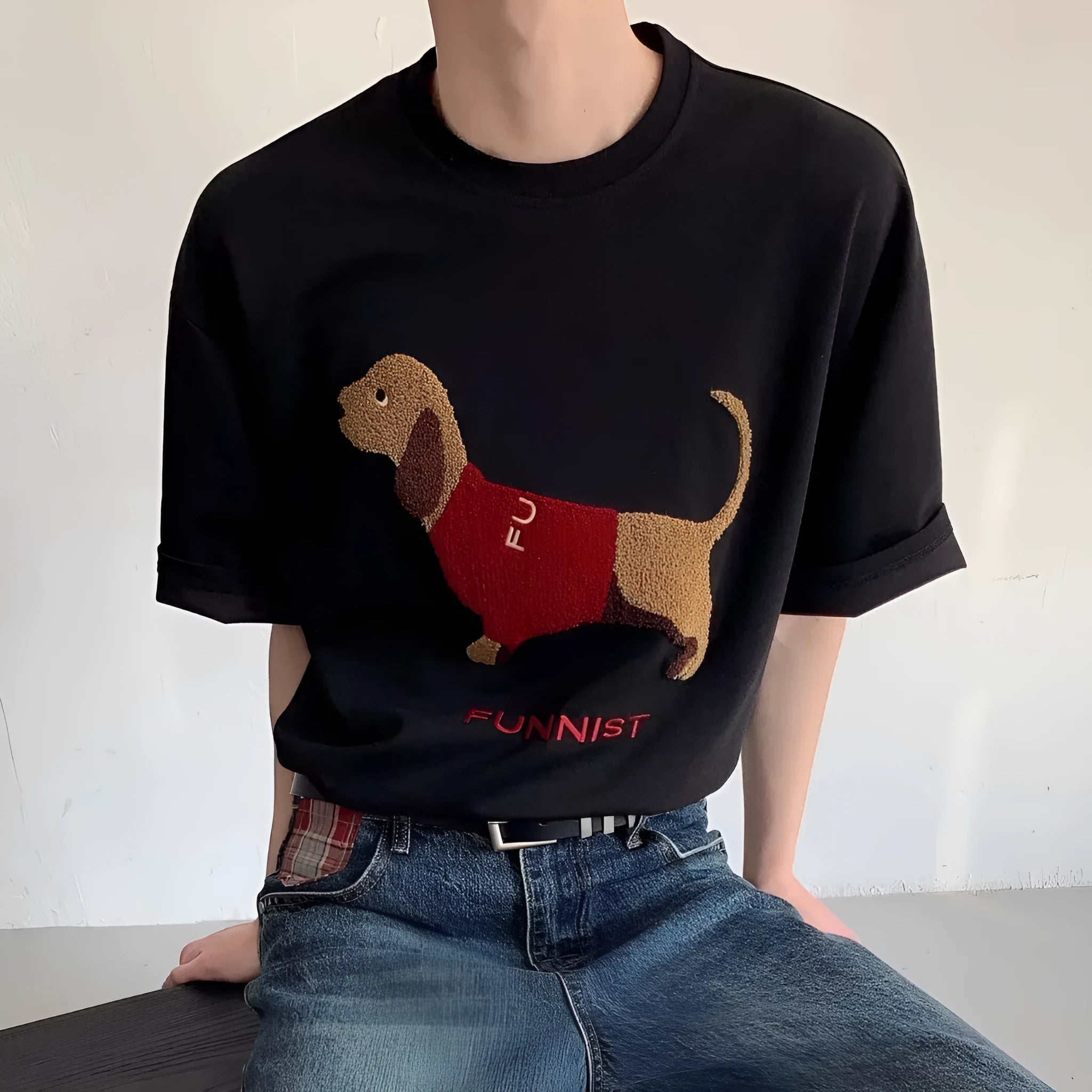 Men's grey short sleeve cotton T-shirt with an embroidered sausage dog towel design on the front.